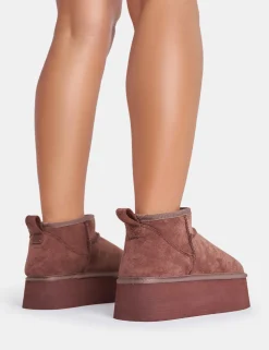 Store Willow Chocolate Faux Suede Ultra Mini Ankle Triple Platform Boots Flats | Faux Fur Ankle Boots