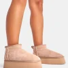 Flash Sale Willow Light Beige Faux Suede Ultra Mini Ankle Triple Platform Boots Flats | Faux Fur Ankle Boots