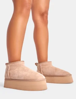 Flash Sale Willow Light Beige Faux Suede Ultra Mini Ankle Triple Platform Boots Flats | Faux Fur Ankle Boots