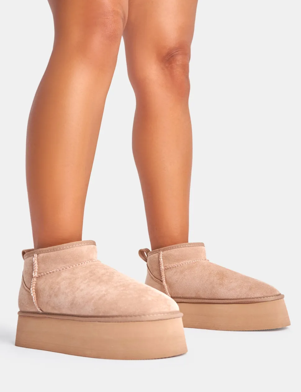 Flash Sale Willow Light Beige Faux Suede Ultra Mini Ankle Triple Platform Boots Flats | Faux Fur Ankle Boots