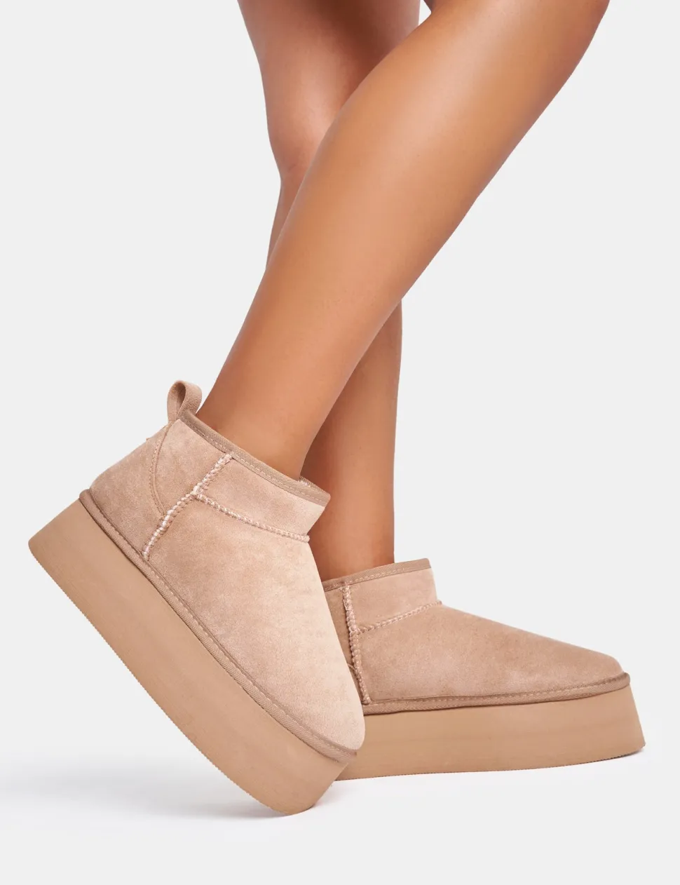 Flash Sale Willow Light Beige Faux Suede Ultra Mini Ankle Triple Platform Boots Flats | Faux Fur Ankle Boots