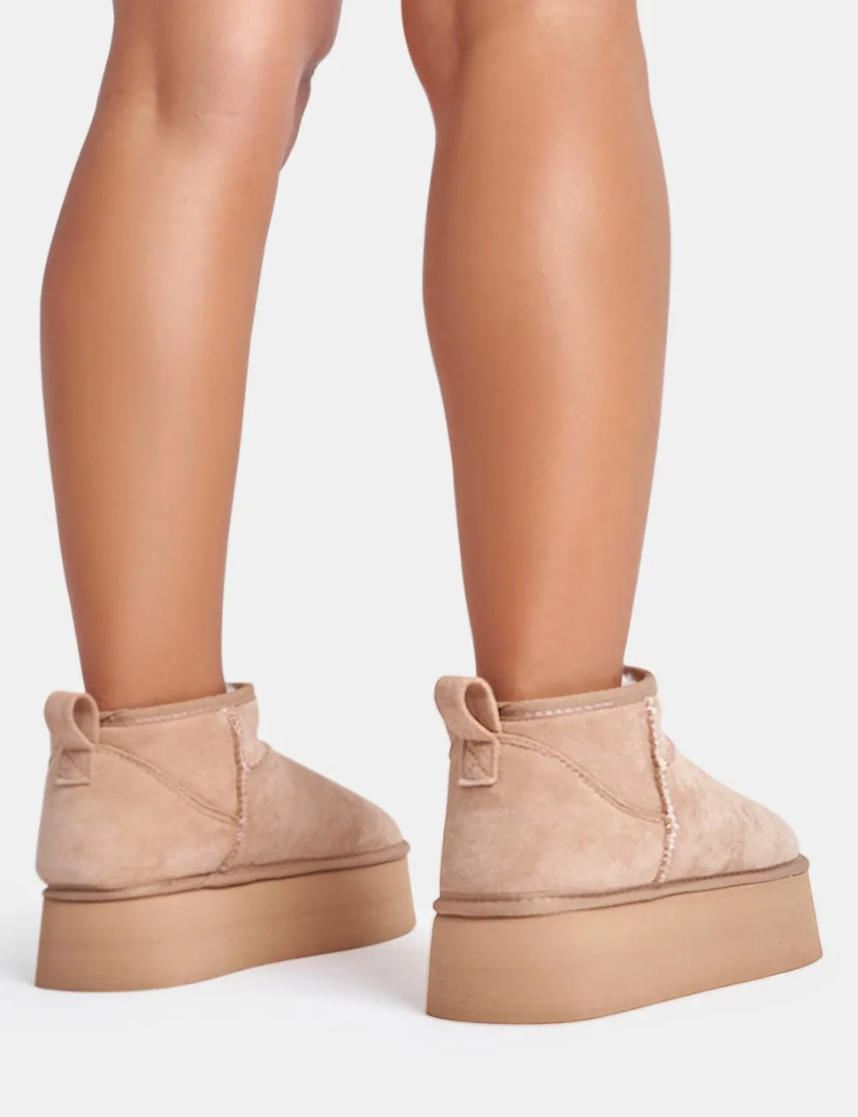 Flash Sale Willow Light Beige Faux Suede Ultra Mini Ankle Triple Platform Boots Flats | Faux Fur Ankle Boots