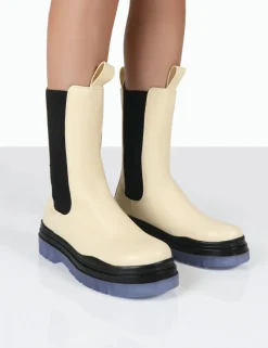 Shop Winter Cream Ankle Chunky Sole Chelsea Boots Flat Boots | Chunky Boots