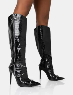 Best Worthy Croc Studded Zip Detail Pointed Stiletto Knee High Boots High Heels | Heeled Boots