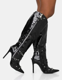 Best Worthy Croc Studded Zip Detail Pointed Stiletto Knee High Boots High Heels | Heeled Boots
