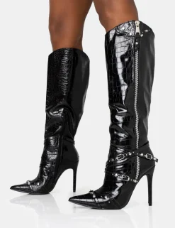 Best Worthy Croc Studded Zip Detail Pointed Stiletto Knee High Boots High Heels | Heeled Boots