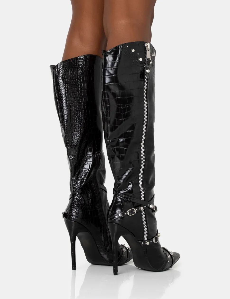Best Worthy Croc Studded Zip Detail Pointed Stiletto Knee High Boots High Heels | Heeled Boots