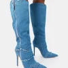 Flash Sale Worthy Denim Studded Zip Detail Pointed Stiletto Knee High Boots High Heels | Heeled Boots