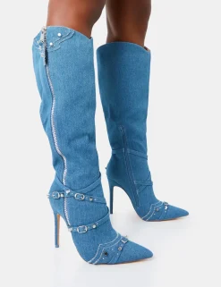 Flash Sale Worthy Denim Studded Zip Detail Pointed Stiletto Knee High Boots High Heels | Heeled Boots