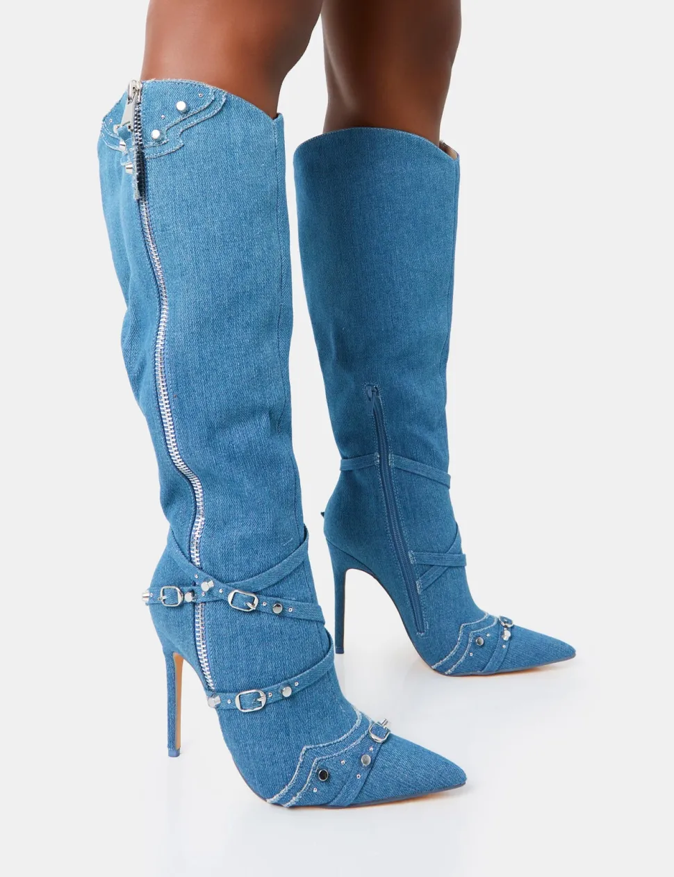 Flash Sale Worthy Denim Studded Zip Detail Pointed Stiletto Knee High Boots High Heels | Heeled Boots