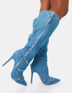 Flash Sale Worthy Denim Studded Zip Detail Pointed Stiletto Knee High Boots High Heels | Heeled Boots