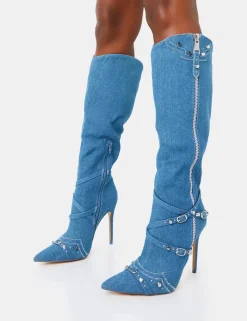 Flash Sale Worthy Denim Studded Zip Detail Pointed Stiletto Knee High Boots High Heels | Heeled Boots