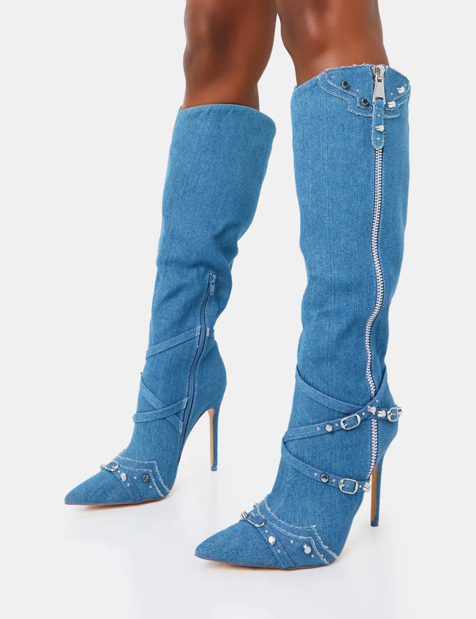 Flash Sale Worthy Denim Studded Zip Detail Pointed Stiletto Knee High Boots High Heels | Heeled Boots