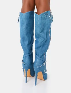 Flash Sale Worthy Denim Studded Zip Detail Pointed Stiletto Knee High Boots High Heels | Heeled Boots