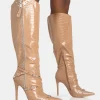 Best Sale Worthy Camel Croc Studded Zip Detail Pointed Stiletto Knee High Boots High Heels | Heeled Boots