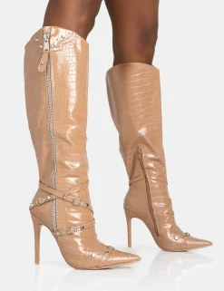 Best Sale Worthy Camel Croc Studded Zip Detail Pointed Stiletto Knee High Boots High Heels | Heeled Boots
