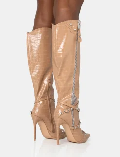 Best Sale Worthy Camel Croc Studded Zip Detail Pointed Stiletto Knee High Boots High Heels | Heeled Boots