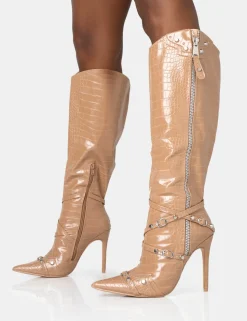 Best Sale Worthy Camel Croc Studded Zip Detail Pointed Stiletto Knee High Boots High Heels | Heeled Boots
