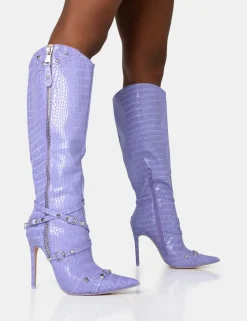 Hot Worthy Lilac Croc Studded Zip Detail Pointed Toe Stiletto Knee High Boots High Heels | Heeled Boots