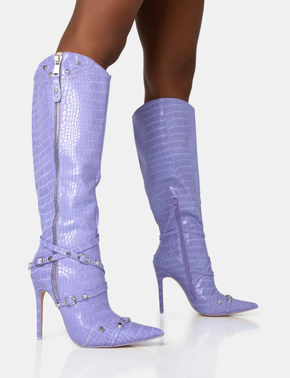 Hot Worthy Lilac Croc Studded Zip Detail Pointed Toe Stiletto Knee High Boots High Heels | Heeled Boots