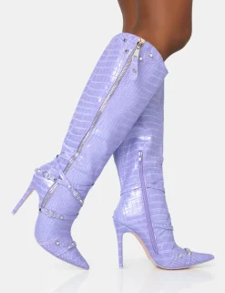 Hot Worthy Lilac Croc Studded Zip Detail Pointed Toe Stiletto Knee High Boots High Heels | Heeled Boots
