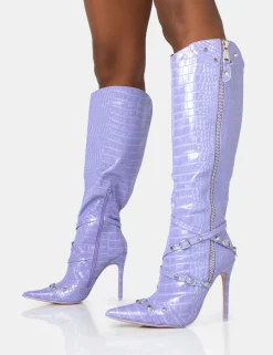 Hot Worthy Lilac Croc Studded Zip Detail Pointed Toe Stiletto Knee High Boots High Heels | Heeled Boots