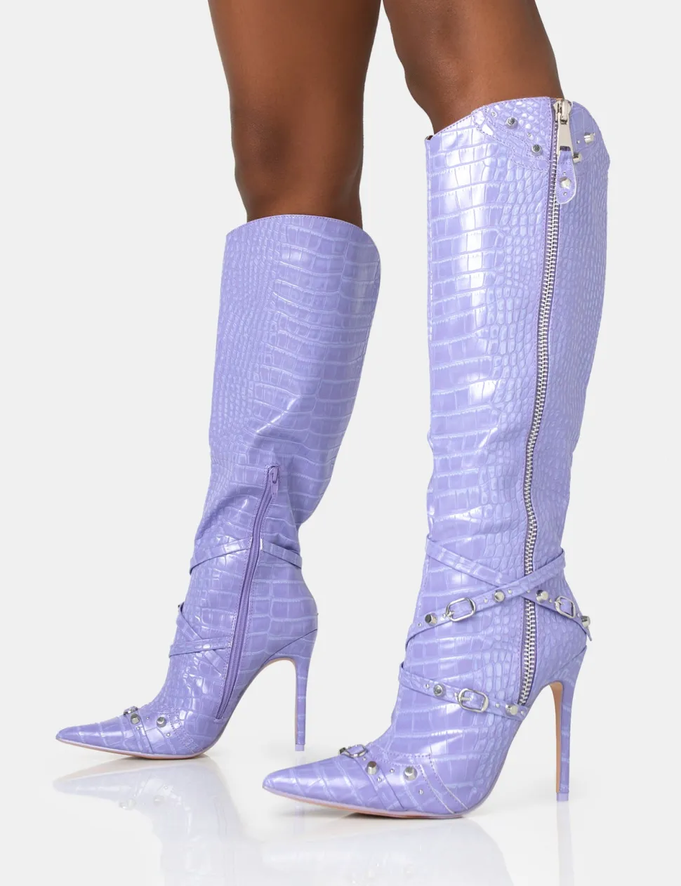 Hot Worthy Lilac Croc Studded Zip Detail Pointed Toe Stiletto Knee High Boots High Heels | Heeled Boots