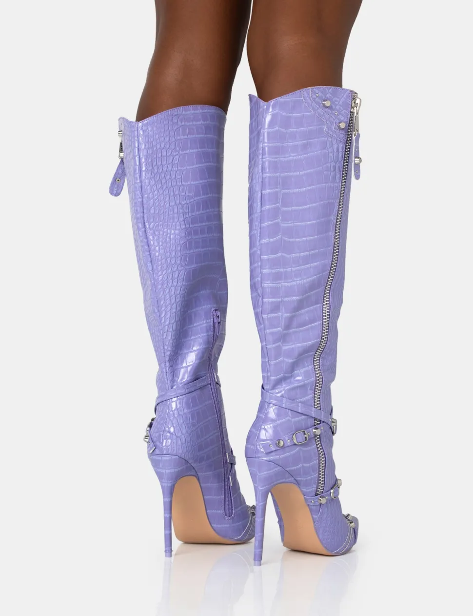 Hot Worthy Lilac Croc Studded Zip Detail Pointed Toe Stiletto Knee High Boots High Heels | Heeled Boots