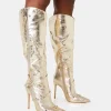 Fashion Worthy Metallic Studded Zip Detail Stiletto Knee High Boots High Heels | Heeled Boots