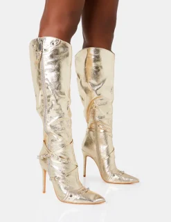 Fashion Worthy Metallic Studded Zip Detail Stiletto Knee High Boots High Heels | Heeled Boots