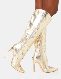 Fashion Worthy Metallic Studded Zip Detail Stiletto Knee High Boots High Heels | Heeled Boots