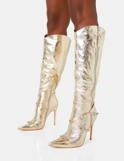 Fashion Worthy Metallic Studded Zip Detail Stiletto Knee High Boots High Heels | Heeled Boots