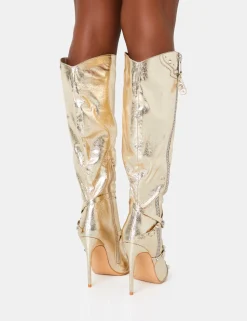 Fashion Worthy Metallic Studded Zip Detail Stiletto Knee High Boots High Heels | Heeled Boots