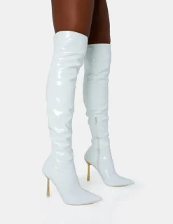 New Zhenya White Patent Gold Contrast Stiletto Over The Knee Boots High Heels | Heeled Boots