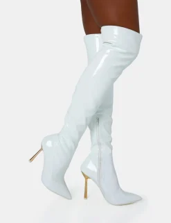 New Zhenya White Patent Gold Contrast Stiletto Over The Knee Boots High Heels | Heeled Boots
