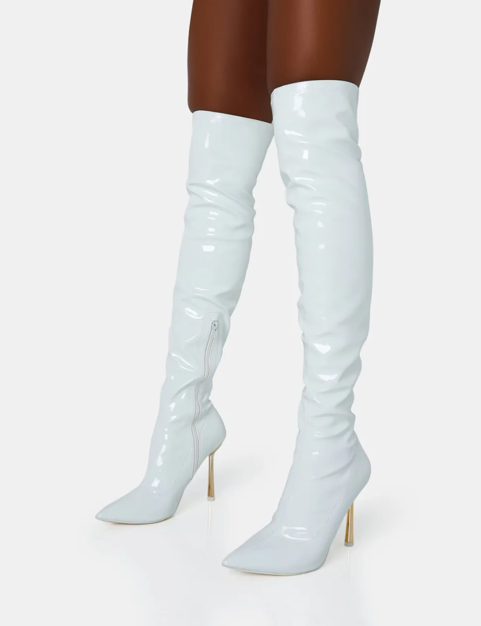 New Zhenya White Patent Gold Contrast Stiletto Over The Knee Boots High Heels | Heeled Boots