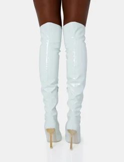 New Zhenya White Patent Gold Contrast Stiletto Over The Knee Boots High Heels | Heeled Boots