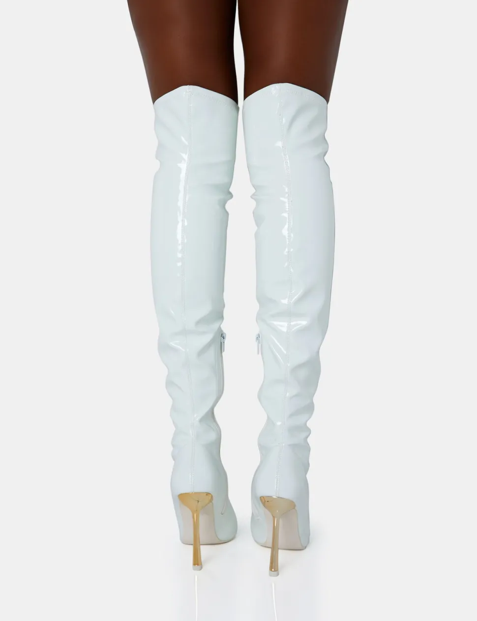 New Zhenya White Patent Gold Contrast Stiletto Over The Knee Boots High Heels | Heeled Boots