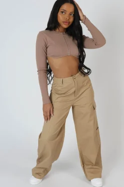 Fashion Zip Through Underbust Ribbed Top Sand Back In Stock | Sculpt & Leisure