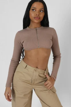 Fashion Zip Through Underbust Ribbed Top Sand Back In Stock | Sculpt & Leisure