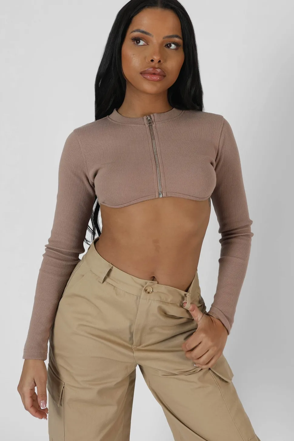 Fashion Zip Through Underbust Ribbed Top Sand Back In Stock | Sculpt & Leisure