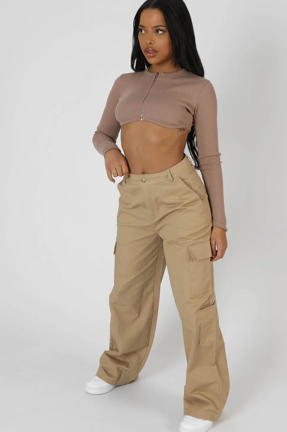 Fashion Zip Through Underbust Ribbed Top Sand Back In Stock | Sculpt & Leisure