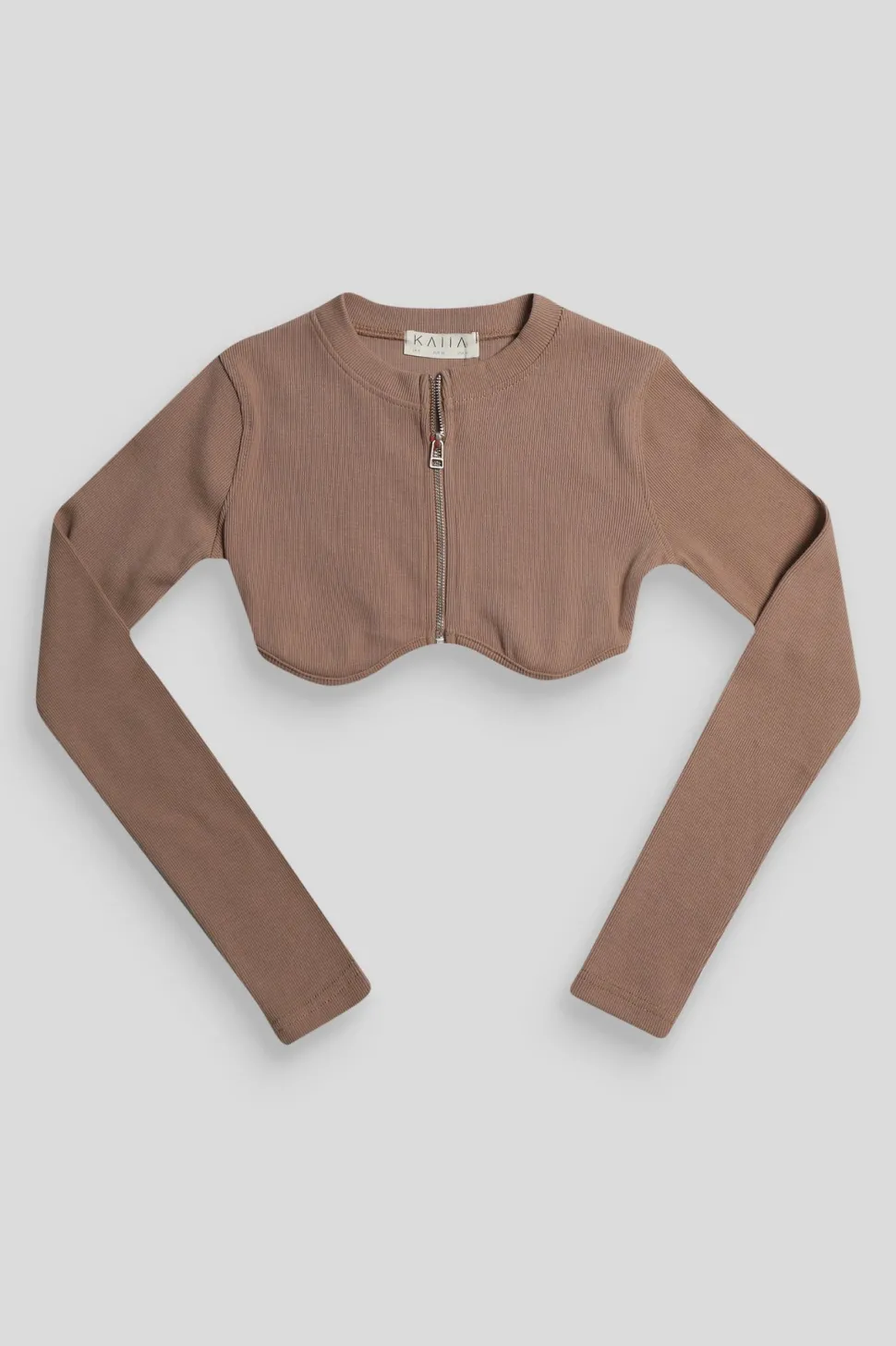 Fashion Zip Through Underbust Ribbed Top Sand Back In Stock | Sculpt & Leisure