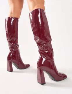Fashion Zoya Patent Slant Toe Block Heel Knee High Sock Boots Block Heels | Sock Boots