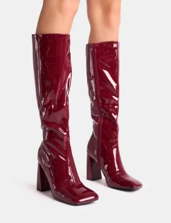 Fashion Zoya Patent Slant Toe Block Heel Knee High Sock Boots Block Heels | Sock Boots