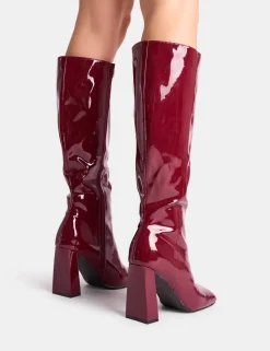 Fashion Zoya Patent Slant Toe Block Heel Knee High Sock Boots Block Heels | Sock Boots