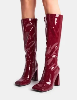 Fashion Zoya Patent Slant Toe Block Heel Knee High Sock Boots Block Heels | Sock Boots